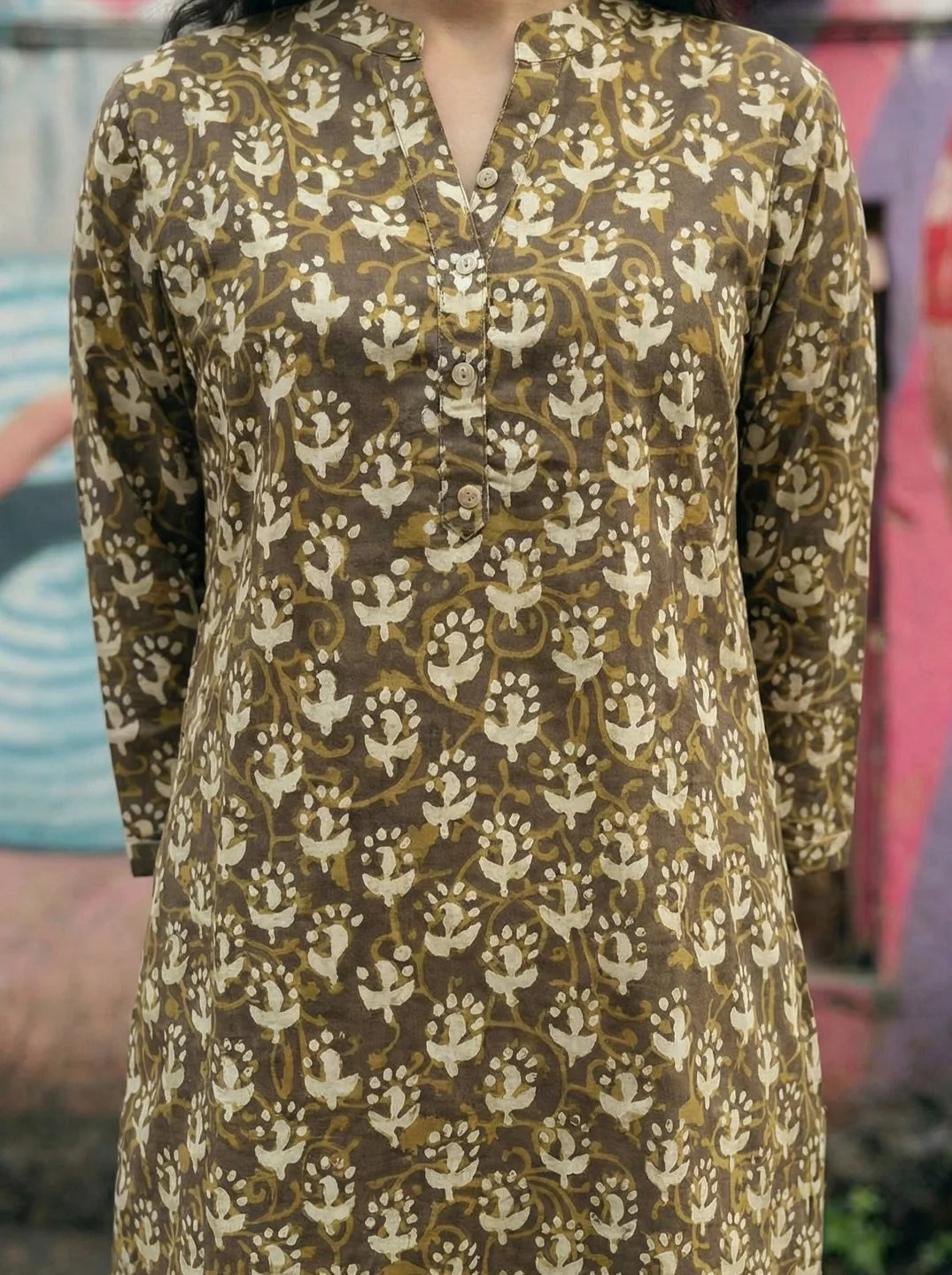 Taupe Dabu Print Cotton Tunic