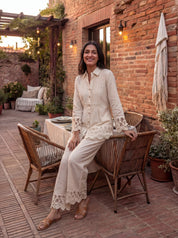 Beige Shirt Collar Pintuck Cotton Flex Co-ord Set with Floral Lace Detailing