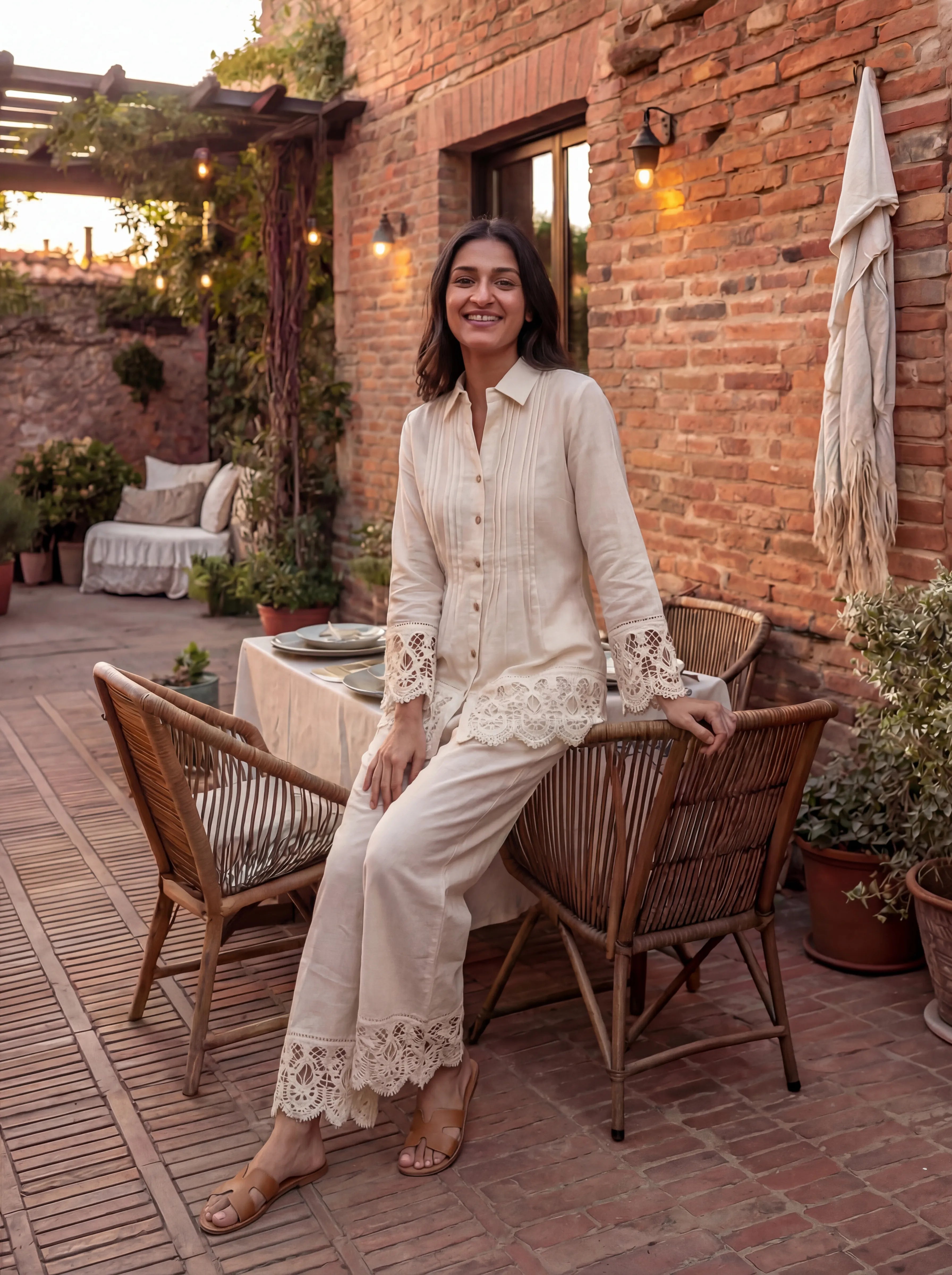 Beige Shirt Collar Pintuck Cotton Flex Co-ord Set with Floral Lace Detailing