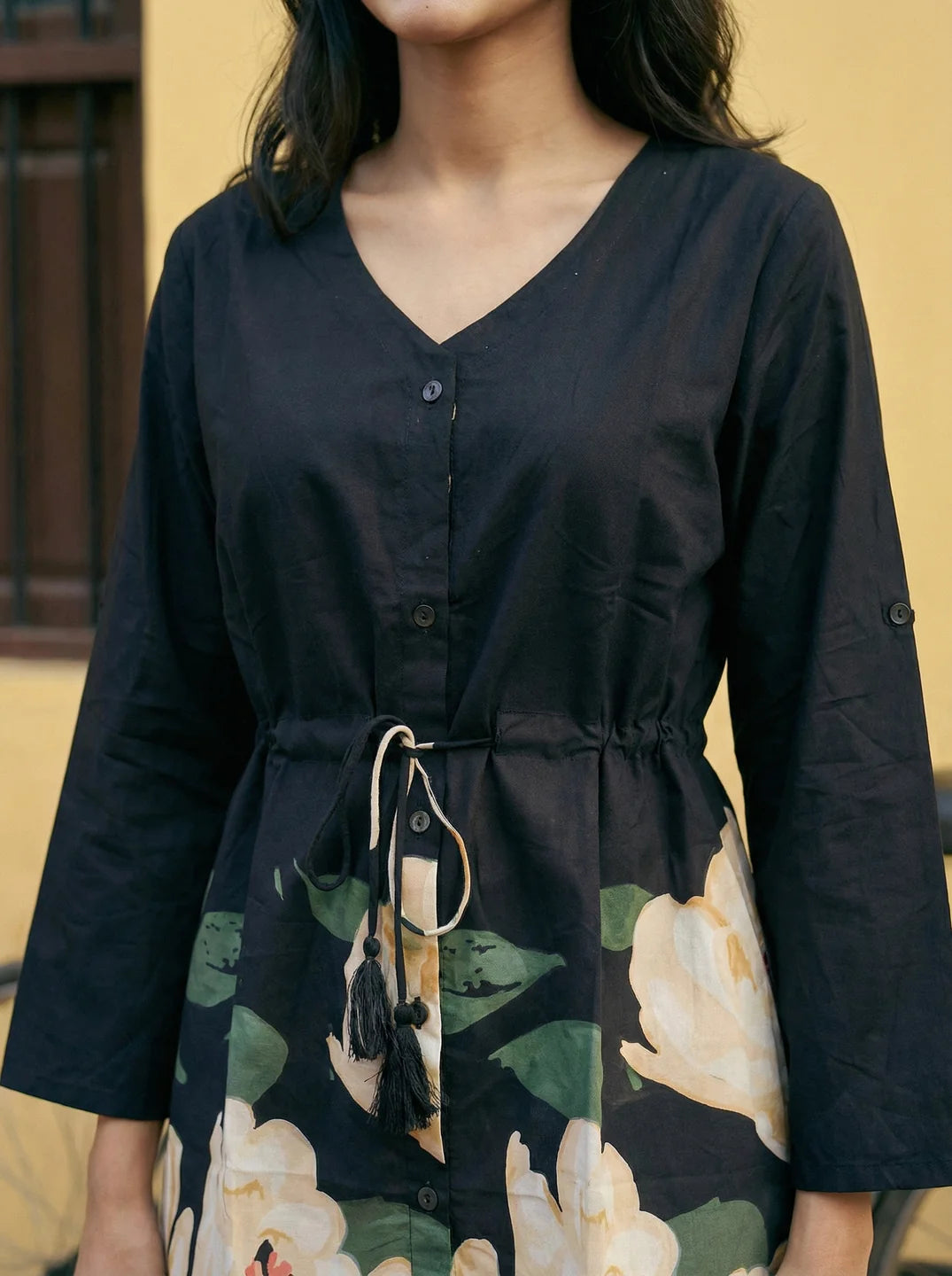 Black Floral Hem Cotton Tunic with Drawstring Waist