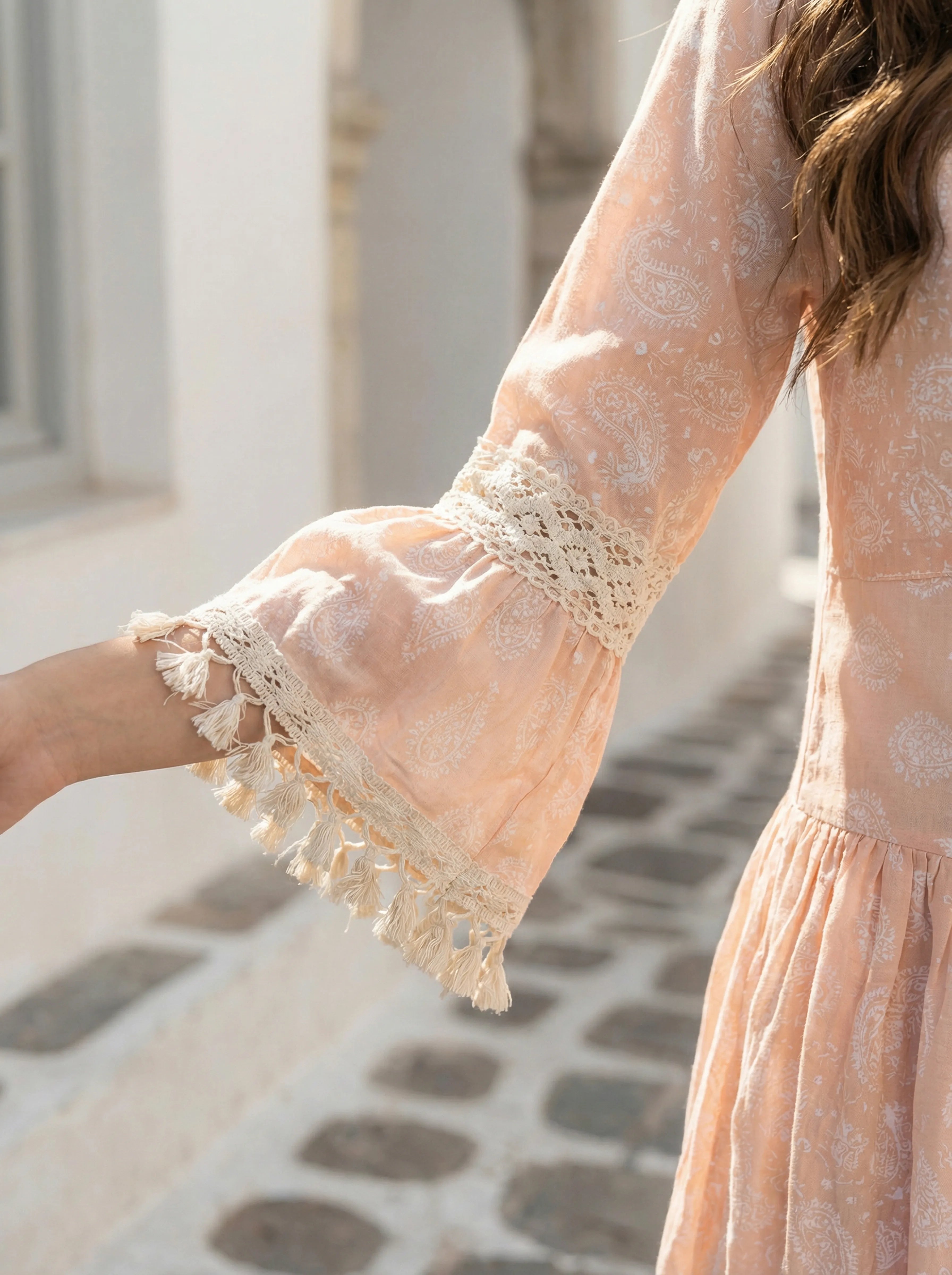 Shop Peach Printed A-Line Dress with Tassel Detailing in Cotton