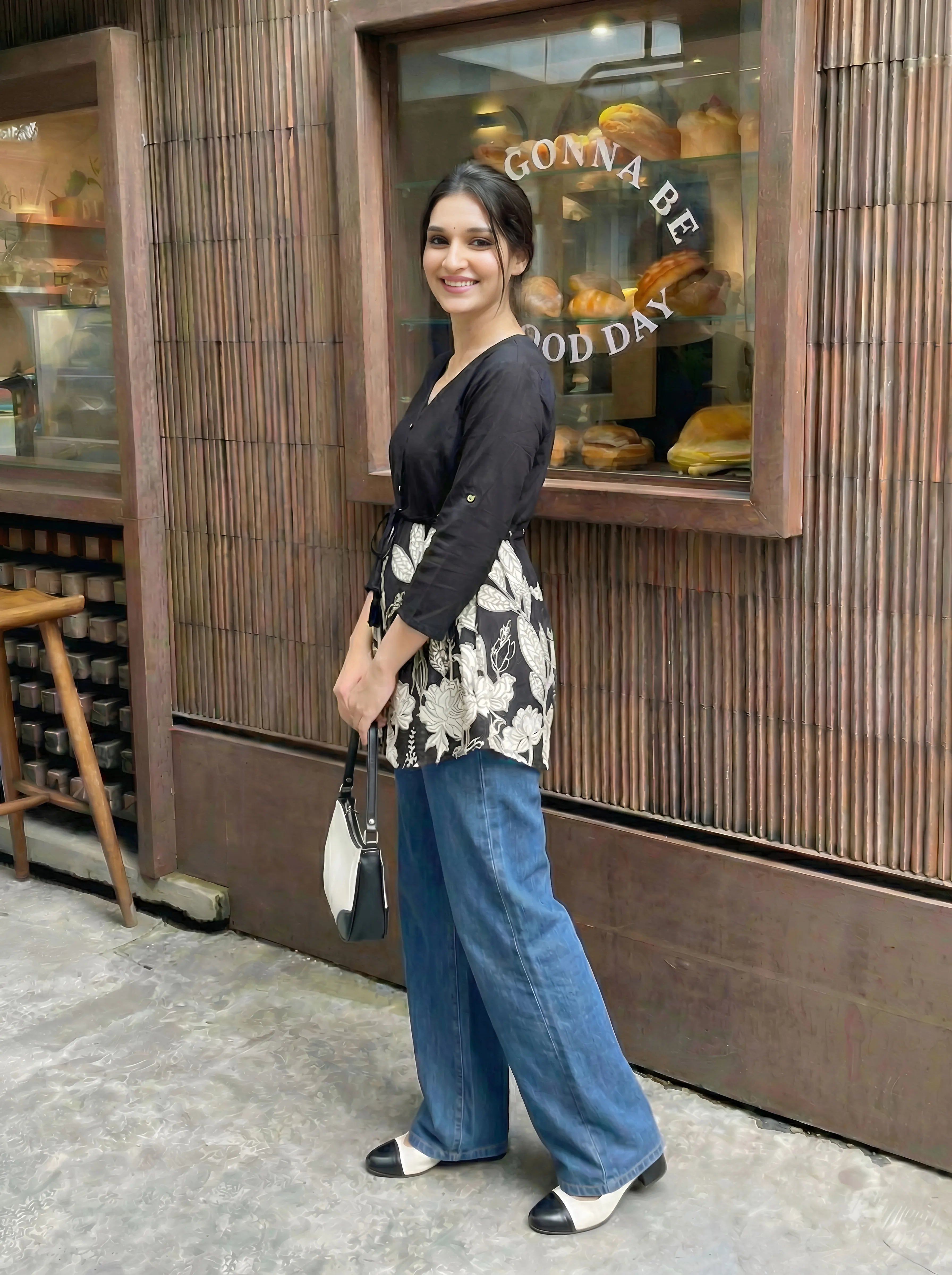 Black Floral Waist-Tie Tunic in Cotton