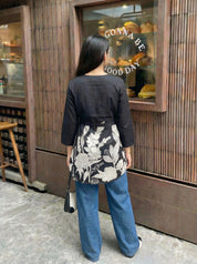 Black Floral Waist-Tie Tunic in Cotton