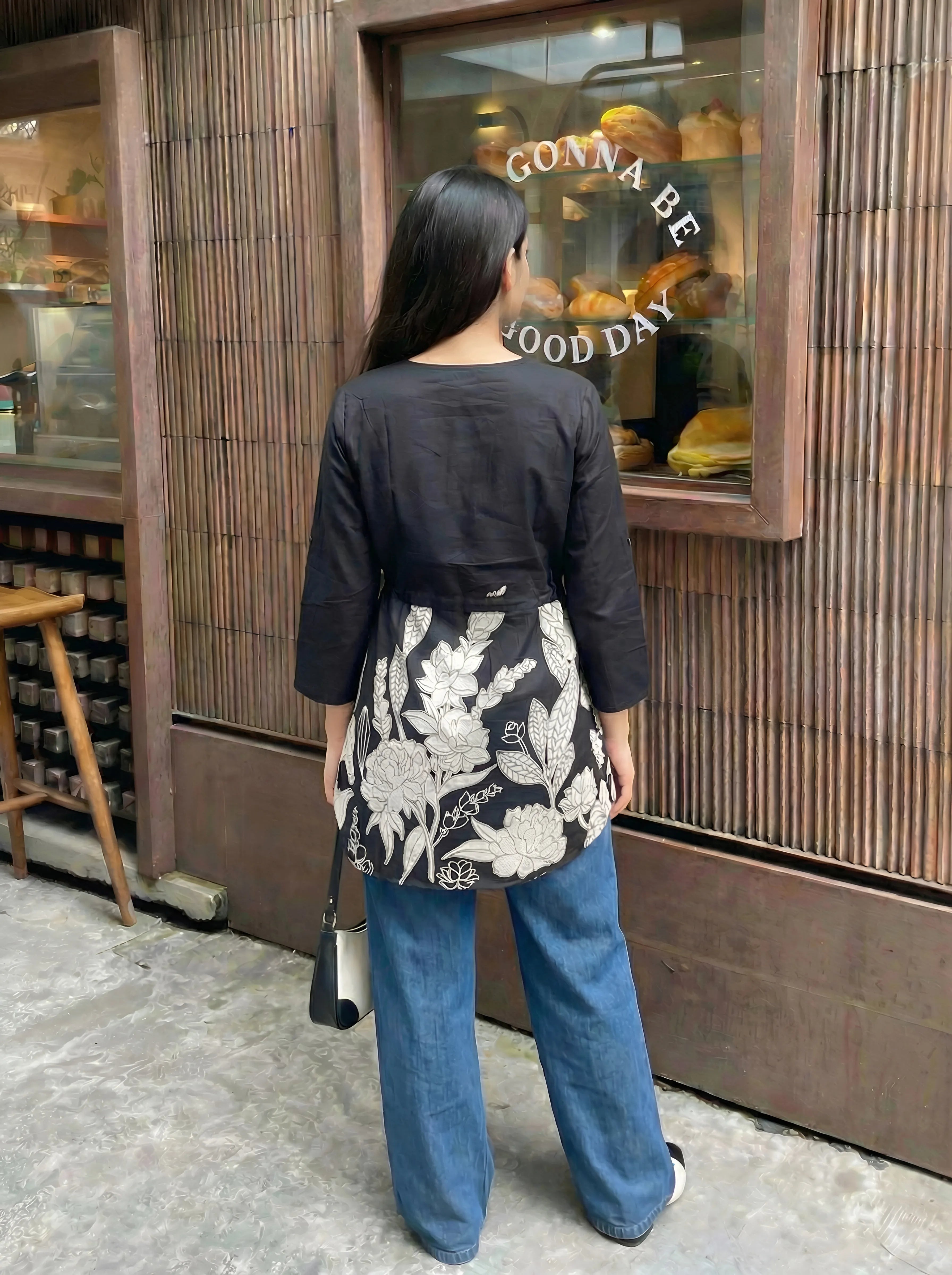 Black Floral Waist-Tie Tunic in Cotton