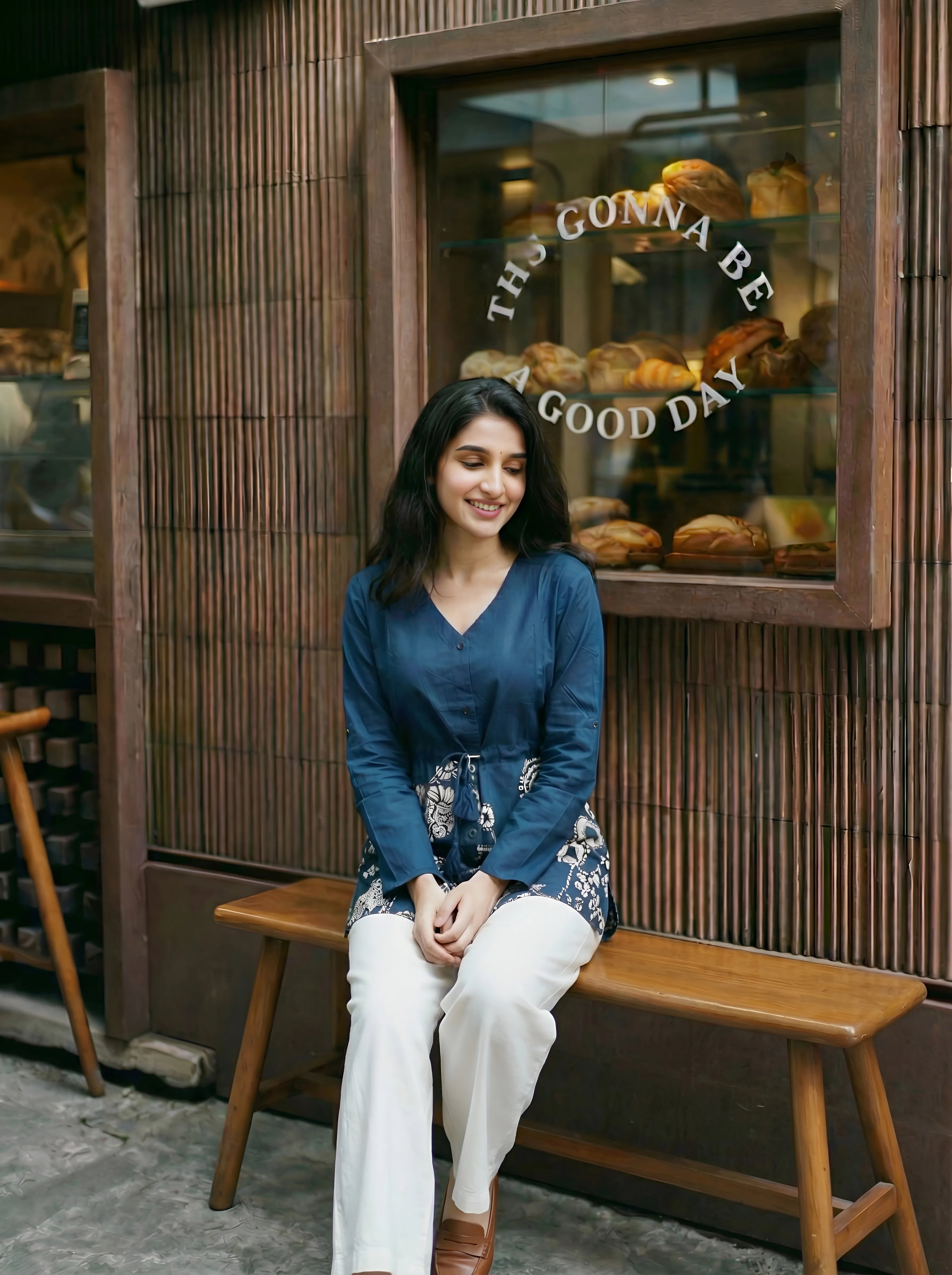 Indigo Botanical Waist-Tie Tunic in Cotton