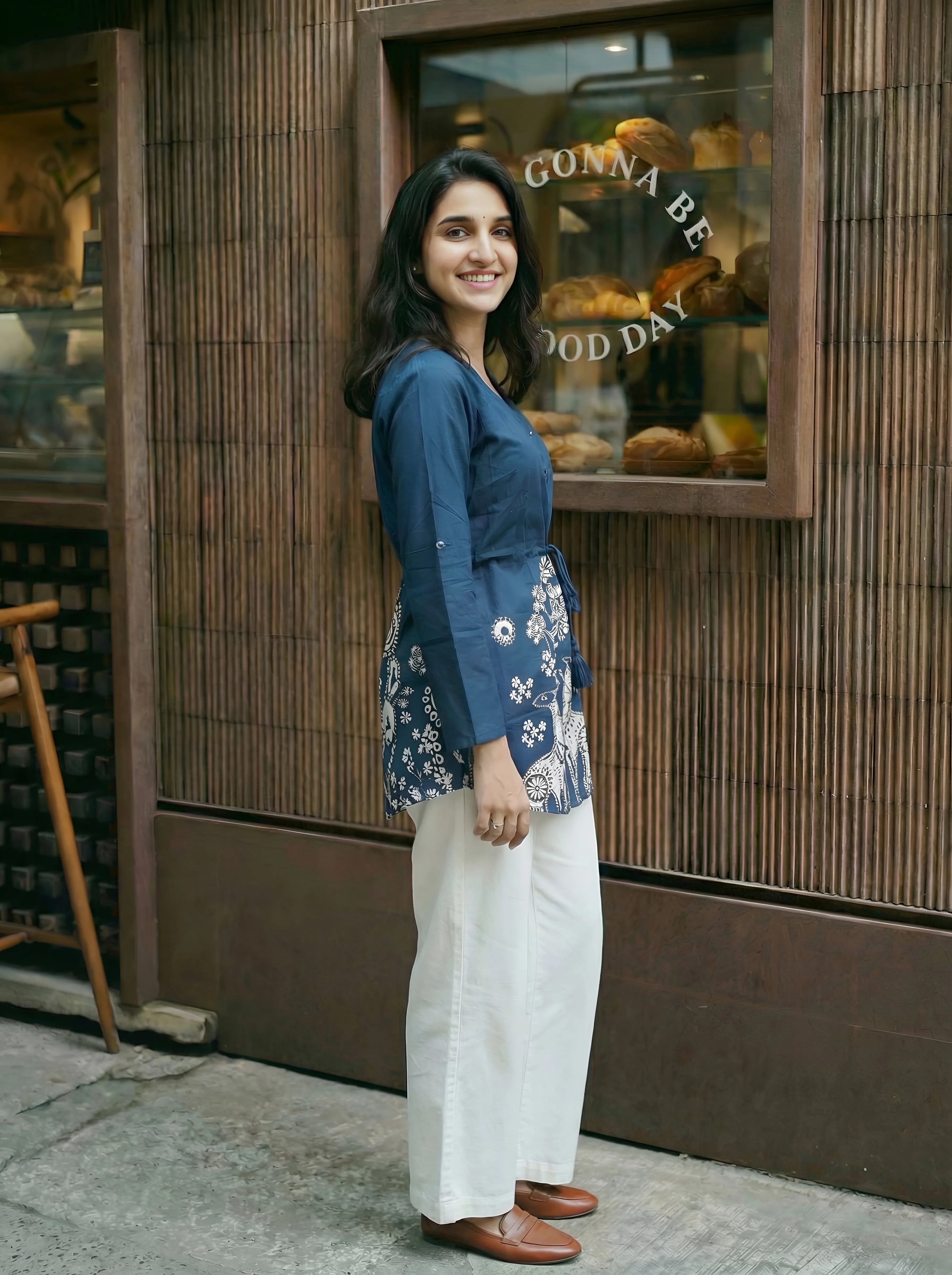 Indigo Botanical Waist-Tie Tunic in Cotton