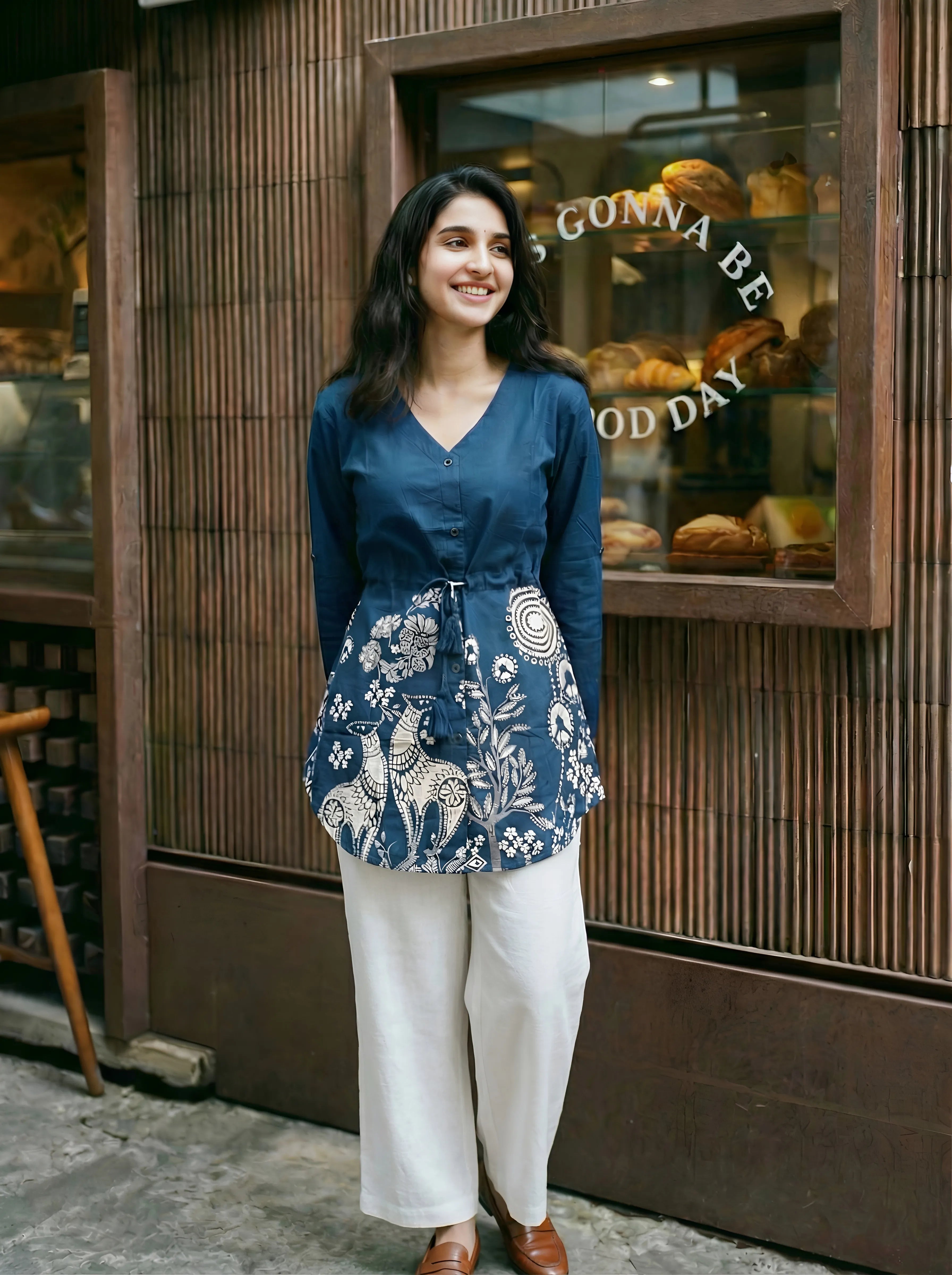 Indigo Botanical Waist-Tie Tunic in Cotton