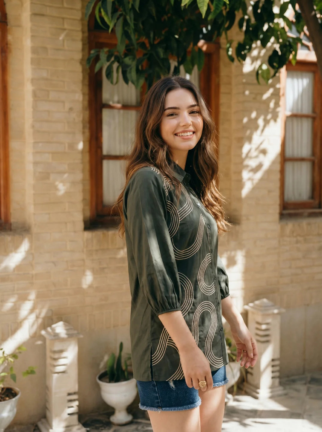 Olive Green Cotton Poplin Shirt with Cord Embroidery