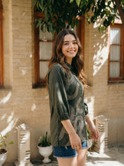 Olive Green Cotton Poplin Shirt with Cord Embroidery