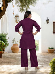Purple Wine Embroidered Viscose Tunic With Pant