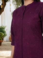 Purple Wine Embroidered Viscose Tunic With Pant