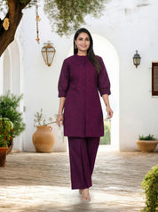 Purple Wine Embroidered Viscose Tunic With Pant
