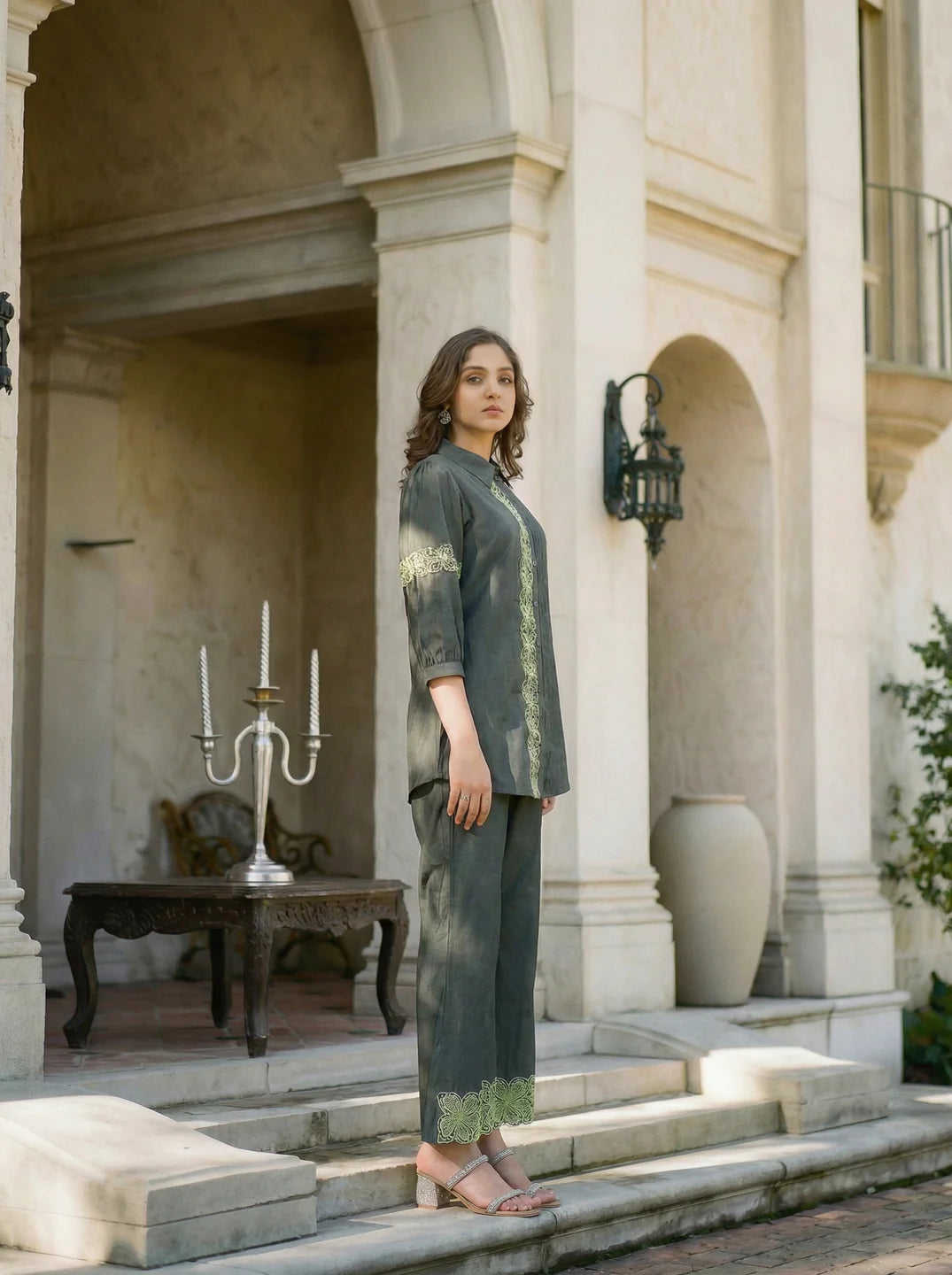 Dark Green Embroidered Kurta With Pants