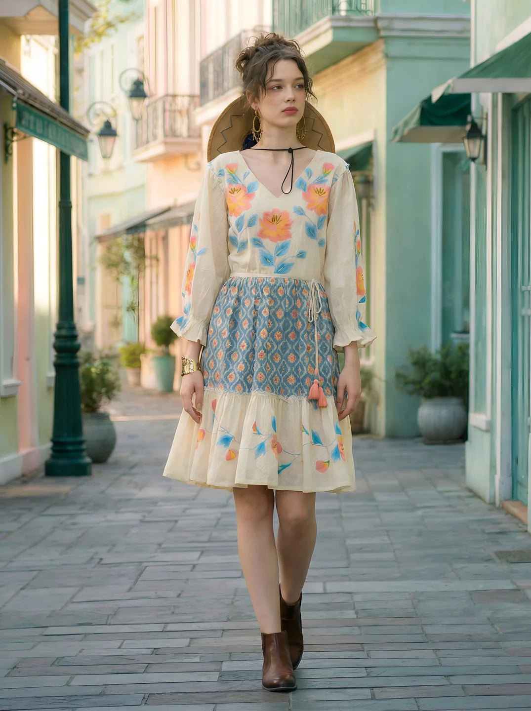 Cream Textured Hand-Painted Mini Dress In Cotton