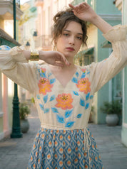 Cream Textured Hand-Painted Mini Dress In Cotton