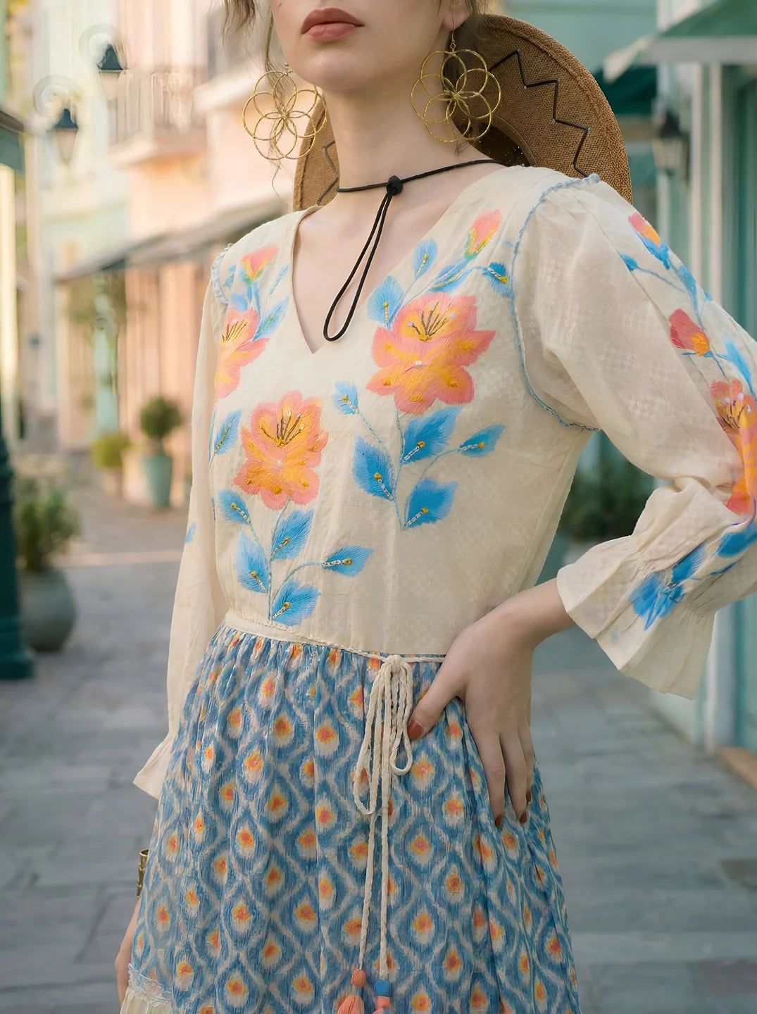 Cream Textured Hand-Painted Mini Dress In Cotton