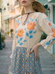 Cream Textured Hand-Painted Mini Dress In Cotton