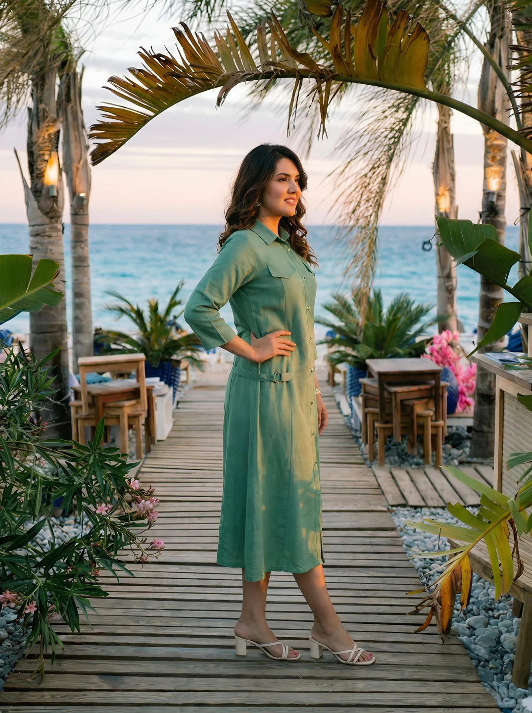 Sage Green Belted Shirt Dress in Textured Crepe