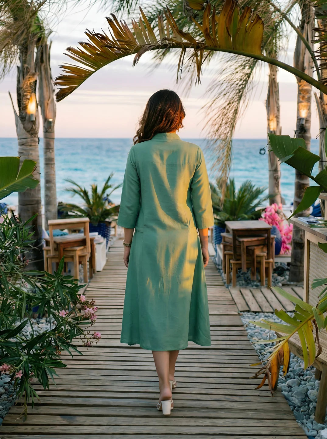 Sage Green Belted Shirt Dress in Textured Crepe