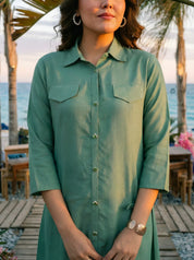 Sage Green Belted Shirt Dress in Textured Crepe