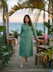 Sage Green Belted Shirt Dress in Textured Crepe