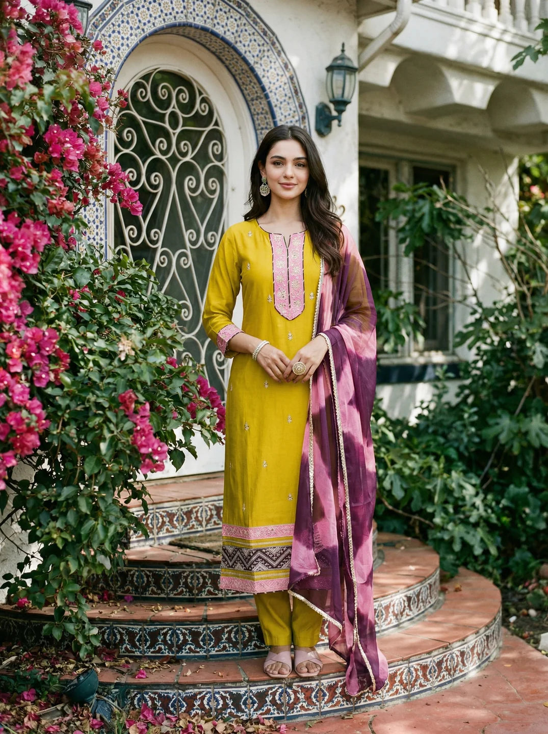 Lime Green Mirror Work Silk Blend Embroidered Cuff & Hem Ethnic Set with Dupatta