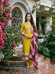 Lime Green Mirror Work Silk Blend Embroidered Cuff & Hem Ethnic Set with Dupatta