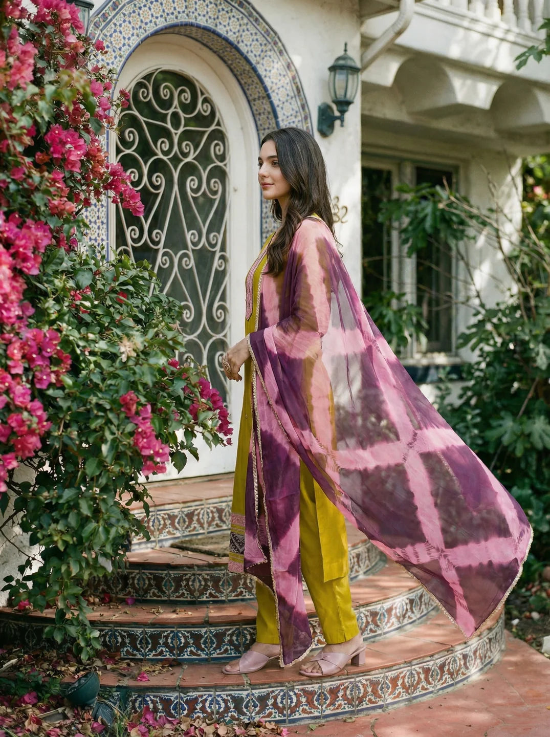 Lime Green Mirror Work Silk Blend Embroidered Cuff & Hem Ethnic Set with Dupatta
