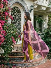 Lime Green Mirror Work Silk Blend Embroidered Cuff & Hem Ethnic Set with Dupatta