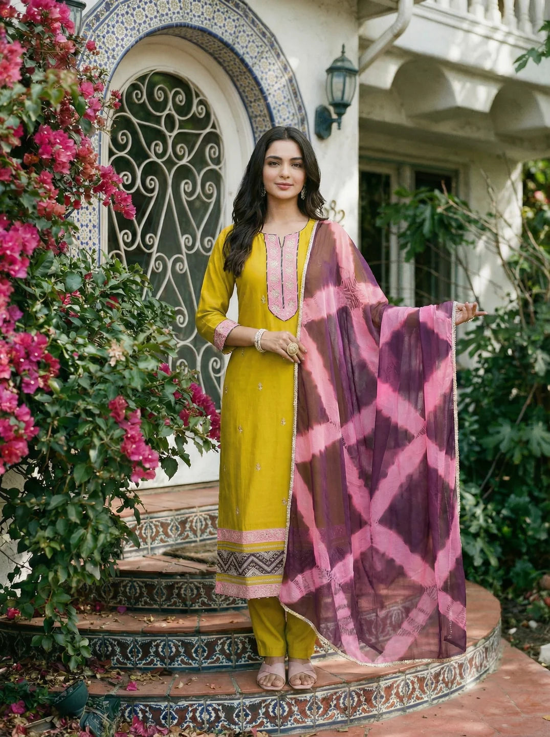 Lime Green Mirror Work Silk Blend Embroidered Cuff & Hem Ethnic Set with Dupatta