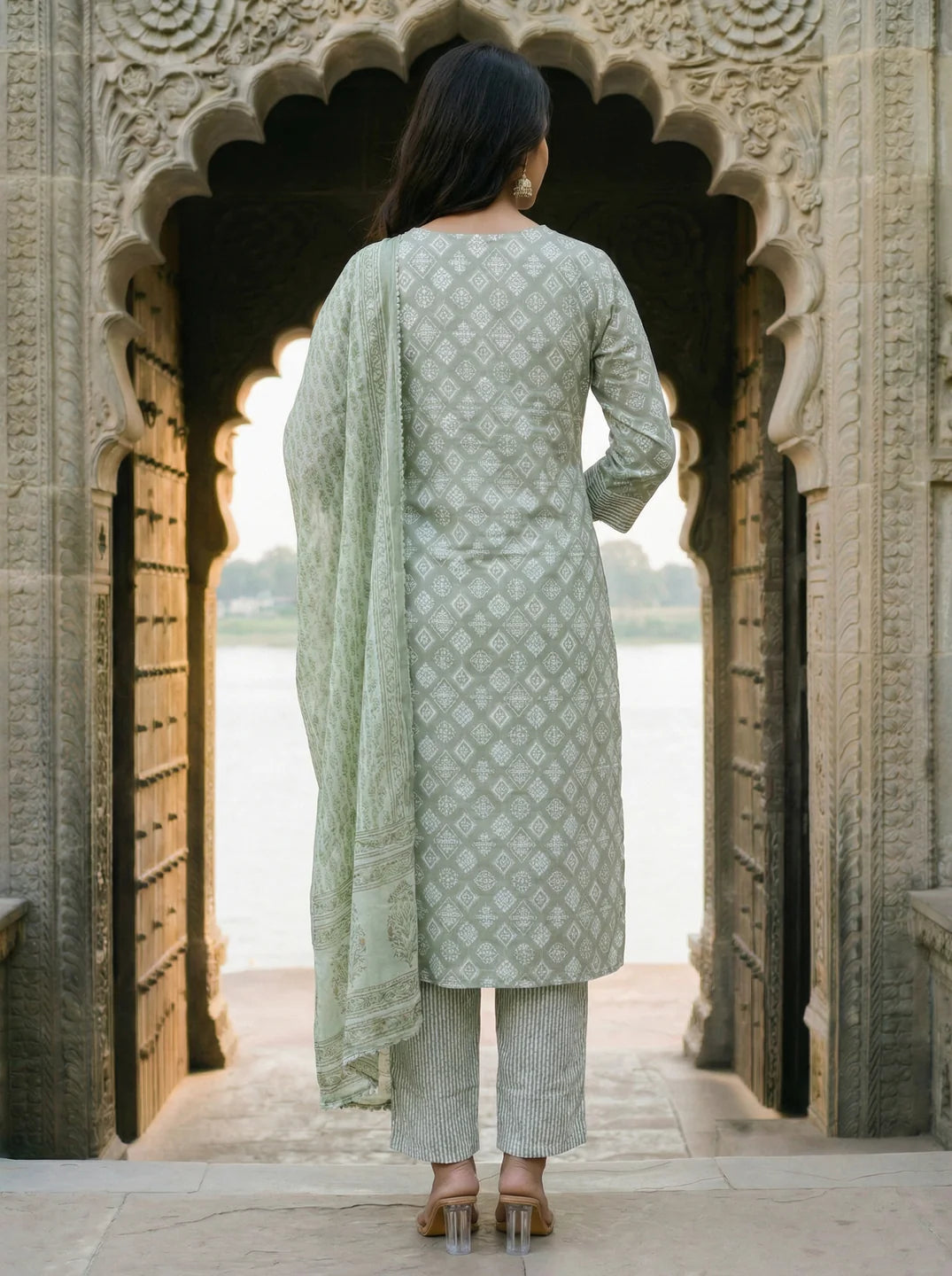 Sage Green Diamond Shape Block Printed Ethnic Set With Dupatta Set