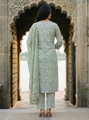 Sage Green Diamond Shape Block Printed Ethnic Set With Dupatta Set