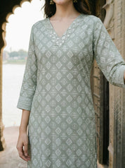 Sage Green Diamond Shape Block Printed Ethnic Set With Dupatta Set