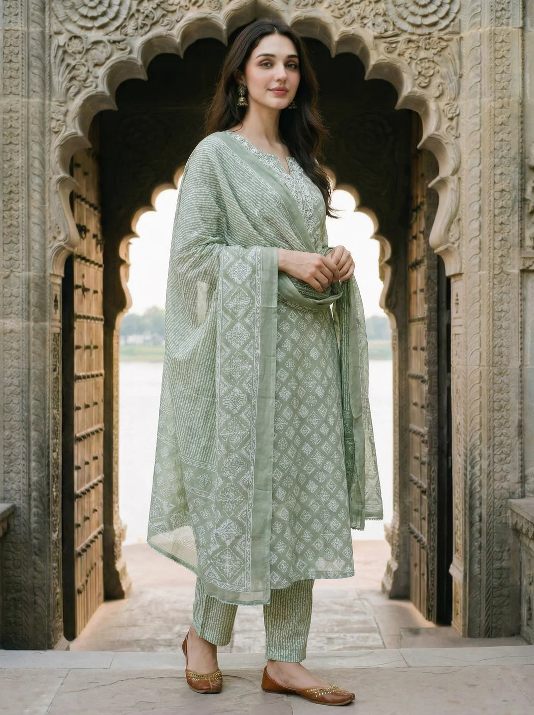 Sage Green Diamond Shape Block Printed Ethnic Set With Dupatta Set
