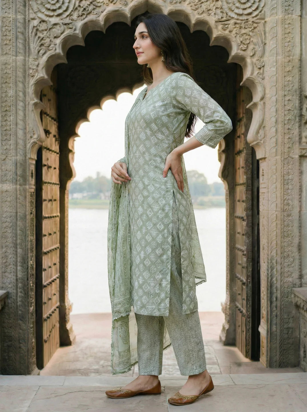 Sage Green Diamond Shape Block Printed Ethnic Set With Dupatta Set