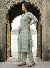 Sage Green Diamond Shape Block Printed Ethnic Set With Dupatta Set
