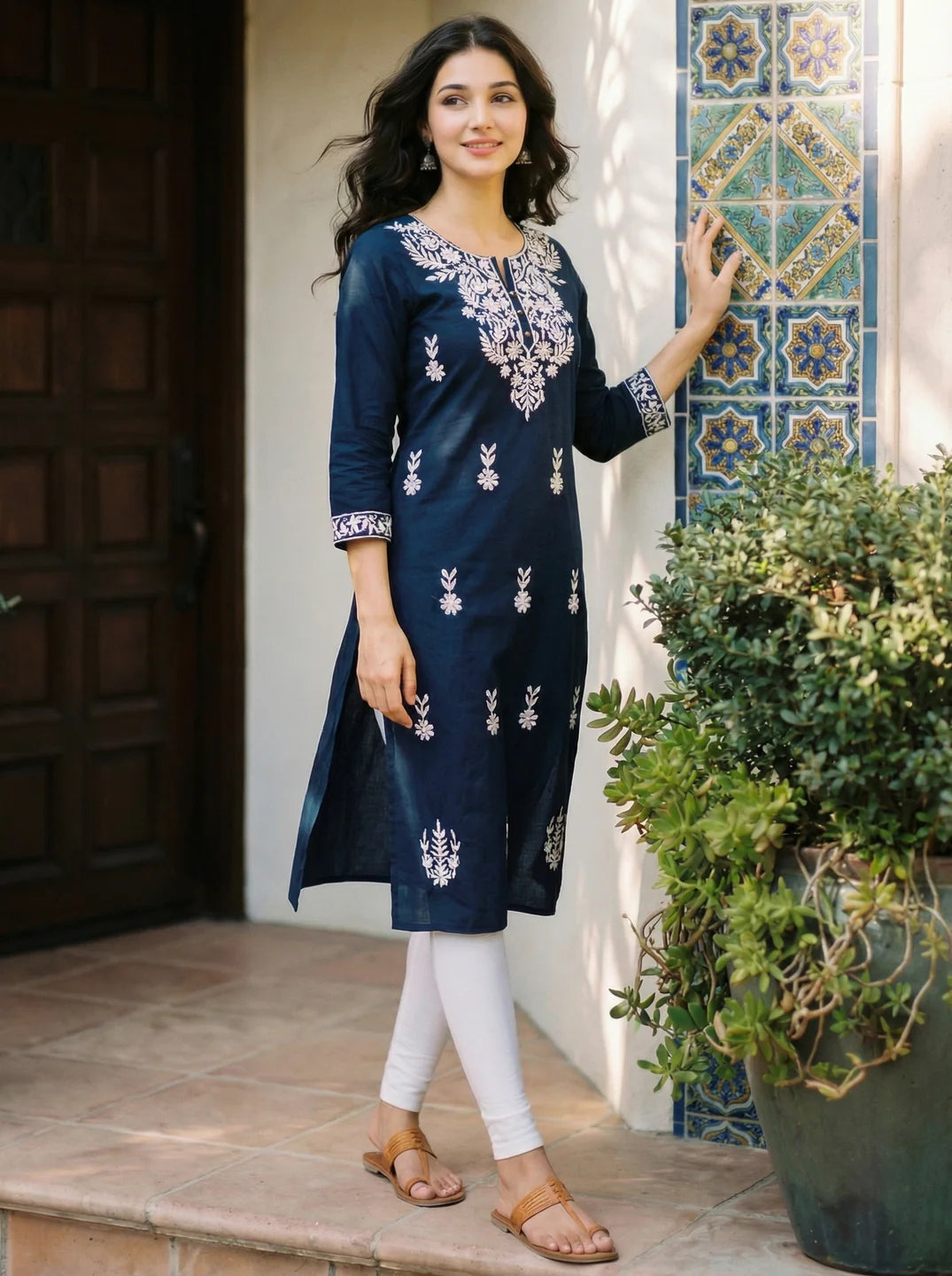 Peacock Blue & White Thread Embroidered Kurti in Cotton Cambric