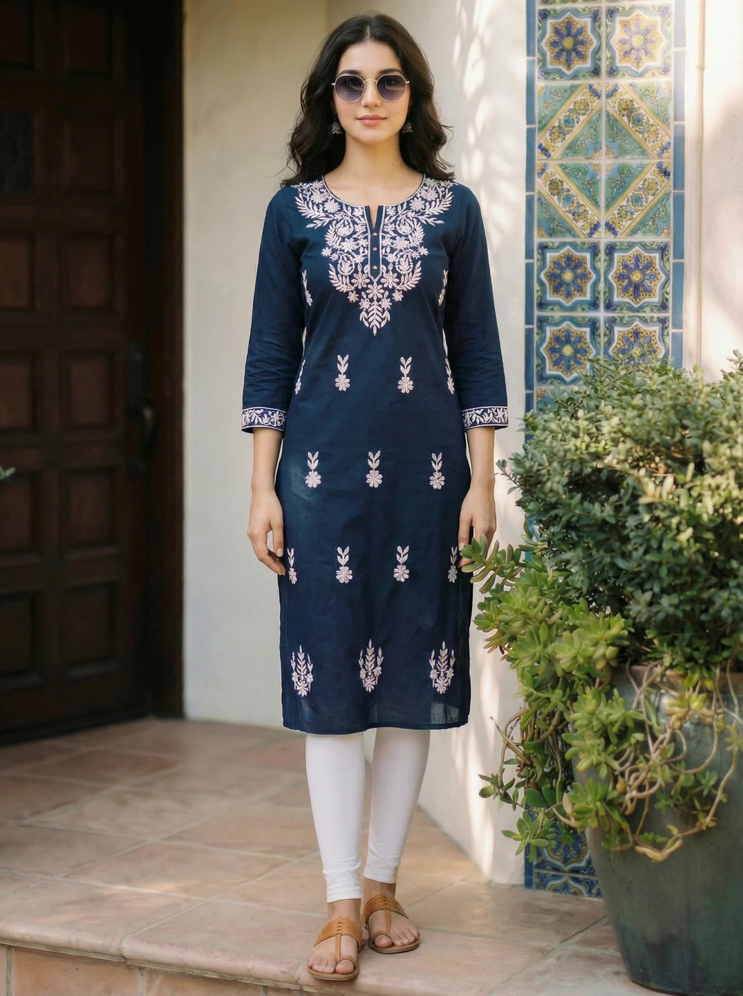 Peacock Blue & White Thread Embroidered Kurti in Cotton Cambric