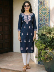 Peacock Blue & White Thread Embroidered Kurti in Cotton Cambric