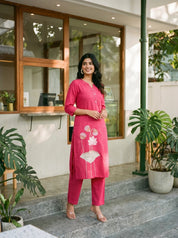Hot Pink Floral Embroidered Kurta Pant Set in Cotton Flex