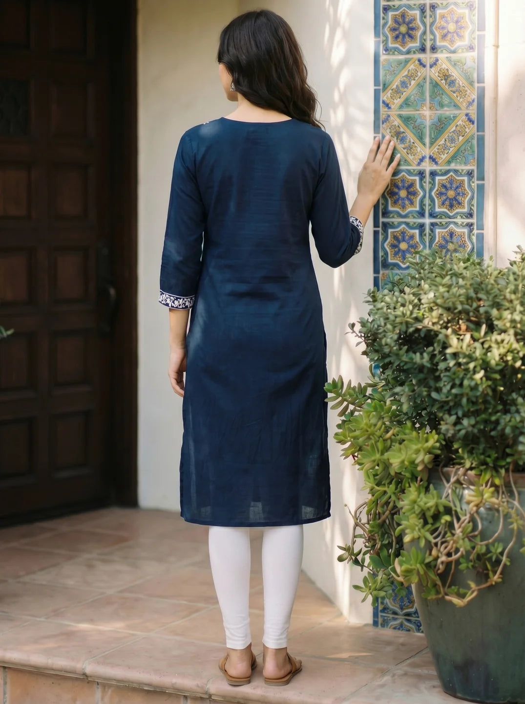 Peacock Blue & White Thread Embroidered Kurti in Cotton Cambric