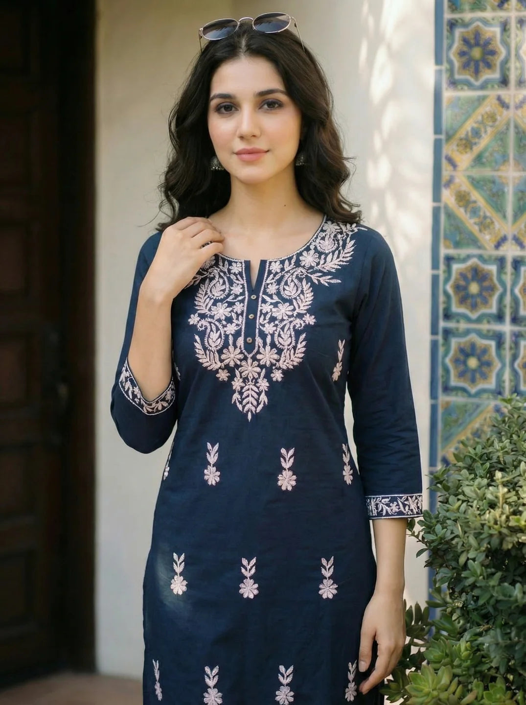 Peacock Blue & White Thread Embroidered Kurti in Cotton Cambric