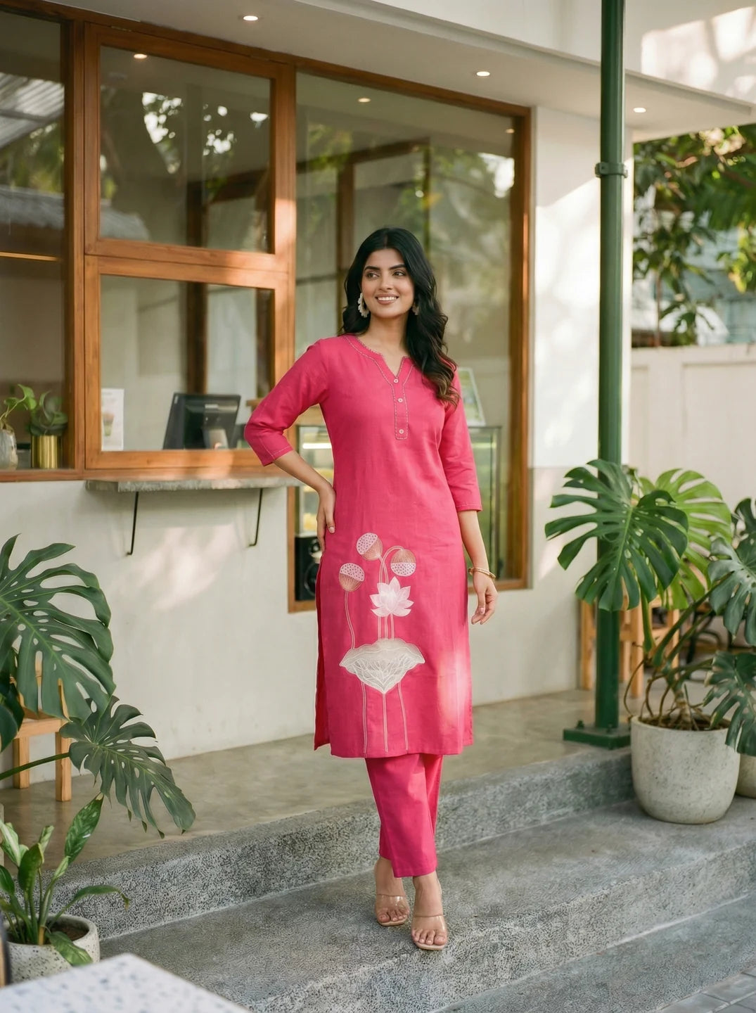 Hot Pink Floral Embroidered Kurta Pant Set in Cotton Flex