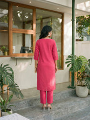 Hot Pink Floral Embroidered Kurta Pant Set in Cotton Flex