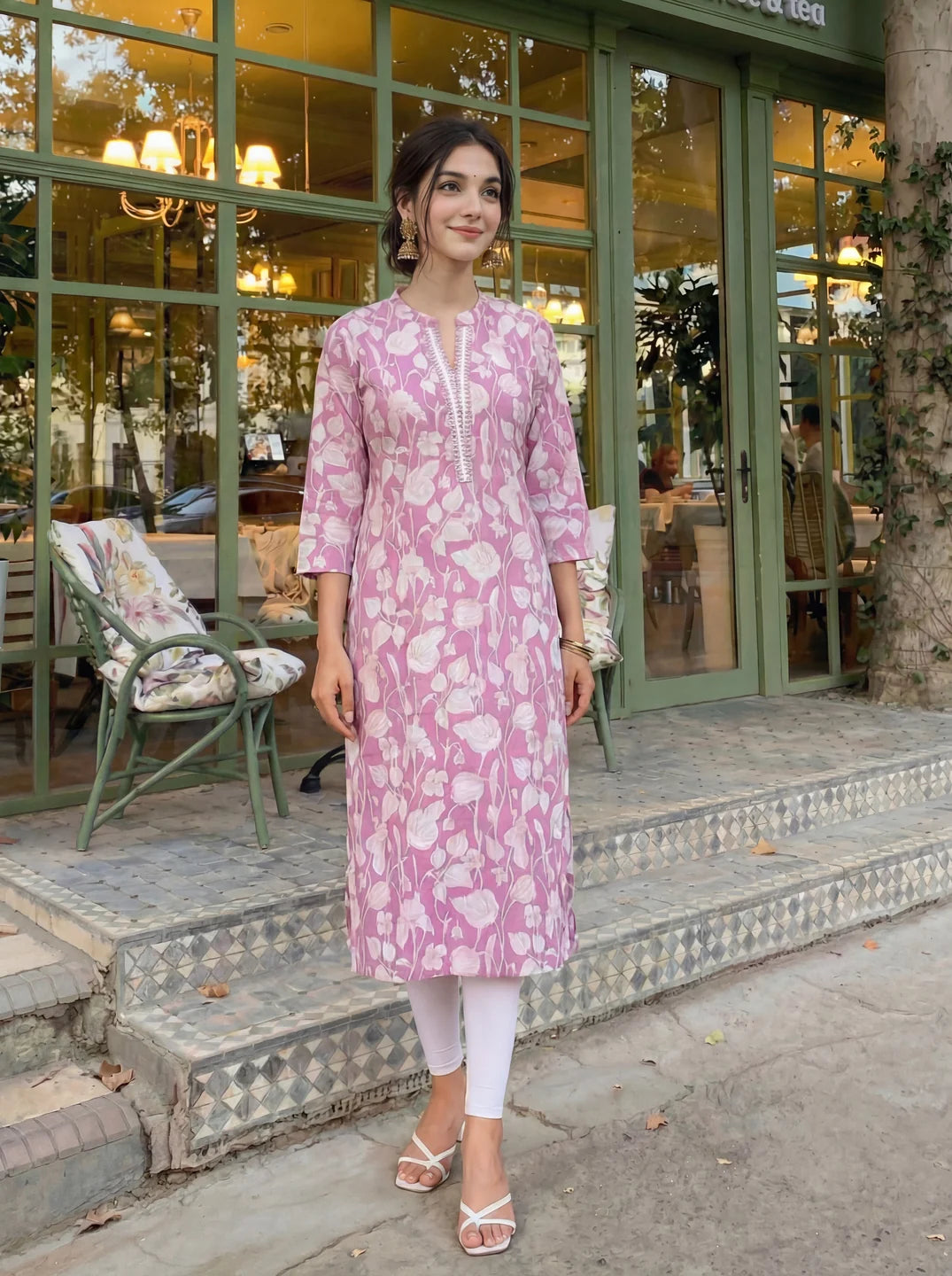 Sequin-Embellished Floral Printed Long Kurti in Cotton Cambric