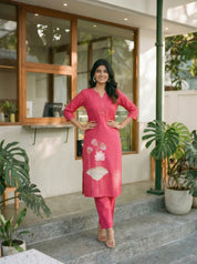 Hot Pink Floral Embroidered Kurta Pant Set in Cotton Flex