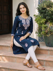 Peacock Blue & White Thread Embroidered Kurti in Cotton Cambric