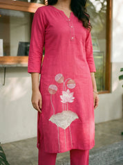 Hot Pink Floral Embroidered Kurta Pant Set in Cotton Flex
