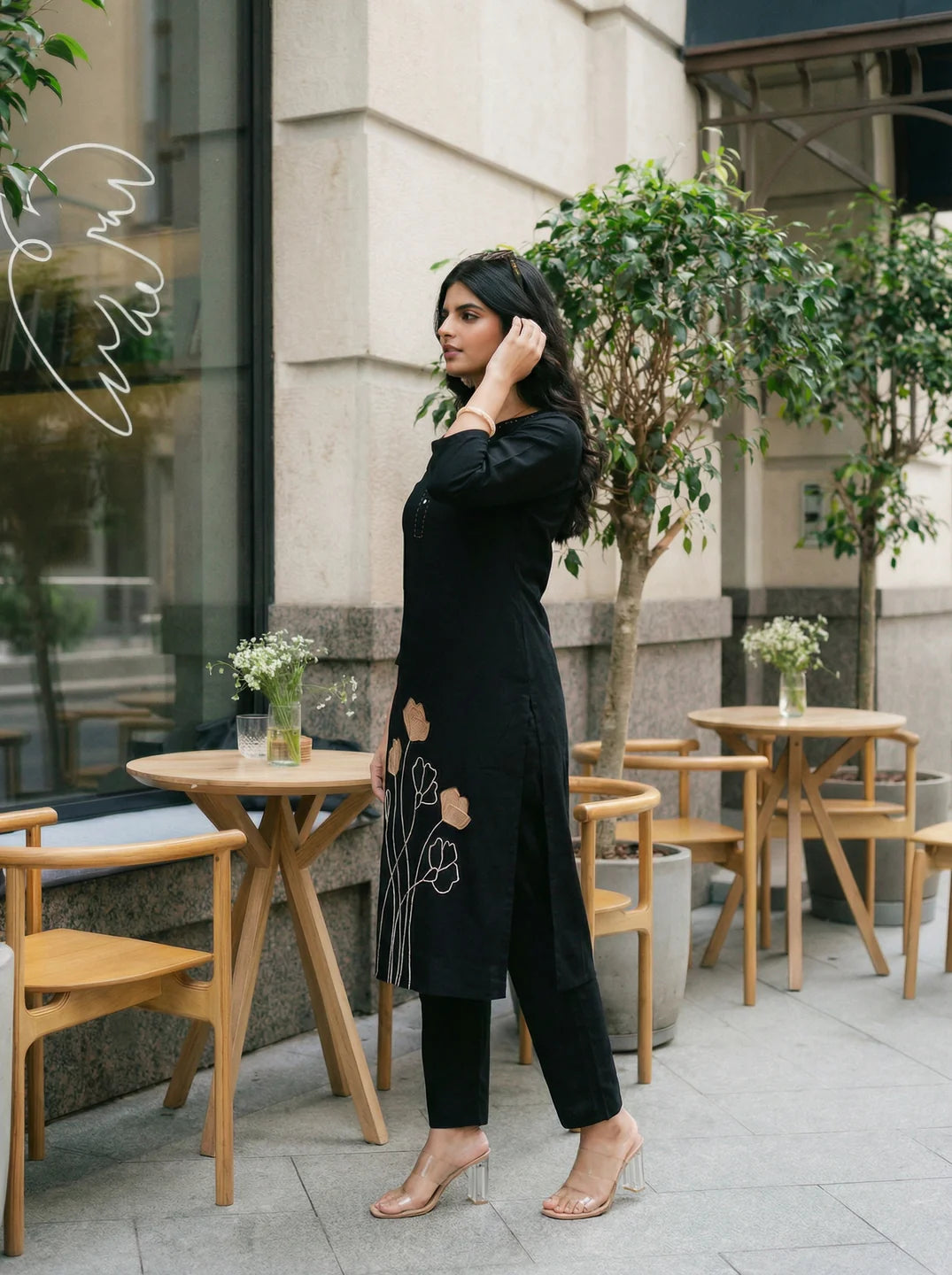 Black Floral Embroidered Kurta Pant Set in Cotton Flex