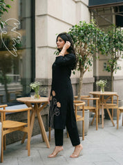 Black Floral Embroidered Kurta Pant Set in Cotton Flex